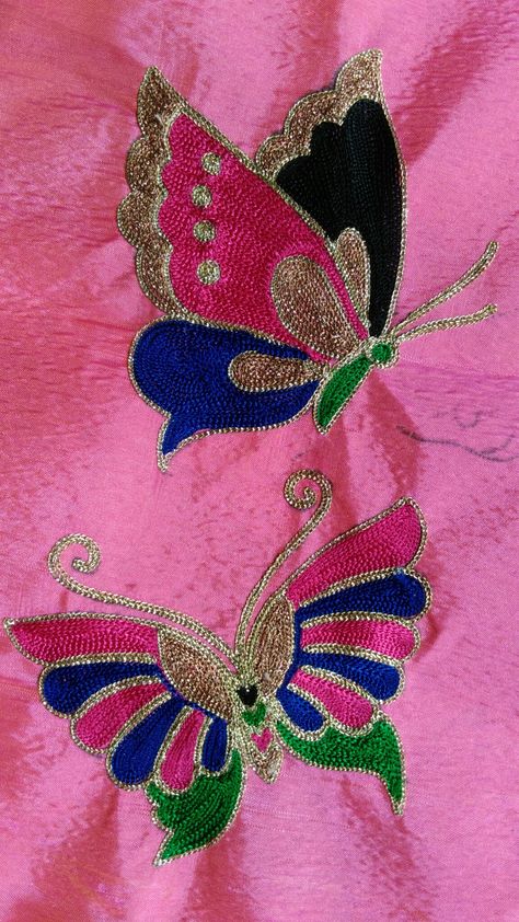 Buttefly Butterfly Design Maggam Work, Aari Butterfly Design, Butterfly Embroidery Designs On Blouse, Aari Work Butterfly Design, Butterfly Design Blouse, Butterfly Maggam Work Designs, Butterfly Aari Work, Embroidery Peacock Designs, Butterfly Blouse Designs