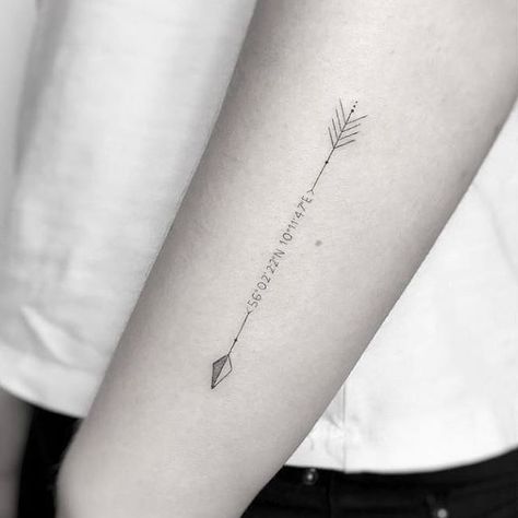 Gps Coordinates Tattoo, Ogham Tattoo, Small White Tattoos, Arrow Tattoos For Women, Geometric Arrow Tattoo, Coordinates Tattoo, Arrow Tattoo Design, Mystical Tattoos, Date Tattoos