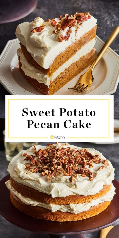 Sweet Potato Pecan Cake | Kitchn Sweet Potato Trifle, Sweet Potato Cupcakes With Box Cake, Sweet Potato Layer Cake Recipe, People And Food, Elephant House, Autumn Things, Sweet Potato Pecan, Southern Thanksgiving, Sweet Potato Cake