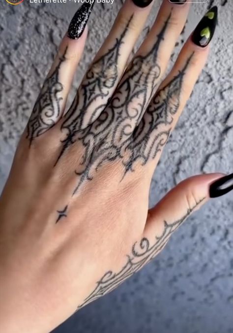 Gothic Knuckle Tattoos, Spooky Knuckle Tattoos, Cat Skull Hand Tattoo, Filigree Hand Tattoo, Gothic Finger Tattoos For Women, Cathedral Finger Tattoo, Finger Sleeve Tattoo, Gothic Throat Tattoo, Cathedral Hand Tattoo