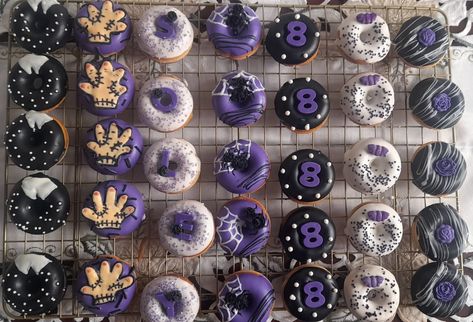 Wednesday Addams Treat Table, Addams Family Theme Party, Wednesday Birthday, Wednesday Party, Addams Family Theme, Golden Birthday Parties, Birthday Donuts, Themed Desserts, Golden Birthday