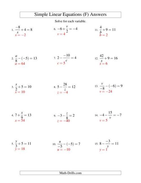 The Solving Linear Equations (Incuding Negative Values) -- Mixture of Forms x/a ± b = c and a/x ± b = c (F) math worksheet page 2 Linear Equations Worksheet, Equations Worksheets, Writing Linear Equations, Graphing Linear Equations, Solving Linear Equations, Writing Equations, Algebra Equations, Linear Function, Algebra Worksheets