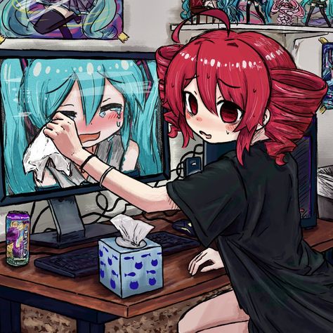 My Bff, A Girl, Instagram Profile, Computer, Desk, Screen, Red, Hair, Anime