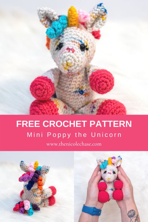 Mini Poppy the Unicorn - Free Crochet Pattern — Nicole Chase Mini Unicorn Crochet Pattern, Mini Crochet Unicorn Pattern Free, Mini Crochet Unicorn, Mini Unicorn Crochet Pattern Free, Free Unicorn Crochet Pattern, Unicorn Crochet Pattern Free, Crocheted Stuffies, Nicole Chase, Crochet Unicorn Pattern Free