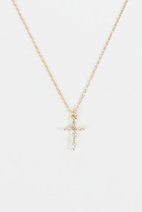 The Crystal Cross Charm Necklace showcases a stunning cross pendant adorned with sparkling crystals, creating a meaningful and eye-catching piece of jewelry.   Fit: Adjustable Closure: Clasp IMPORTED Cross Charm Necklace, Crystal Cross, Cross Charms, Altar'd State, Wedding Things, Charm Necklace, Crystals, Gold