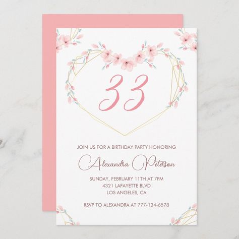 33rd birthday invitation Boho Floral Elegant Pink 30th Birthday, 65th Birthday Invitations, 75th Birthday Invitations, Birthday Invitations Pink, 10th Birthday Invitation, 13th Birthday Invitations, 90th Birthday Invitations, 70th Birthday Invitations, 46th Birthday