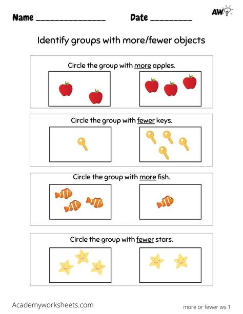 More Fewer Same Kindergarten, More And Fewer Worksheet, More Than Less Than Activities Preschool, Fewer And More Worksheets, More Than Less Than, Preschool Activities Printable, Activities Printable, English Activities For Kids, Shapes Preschool