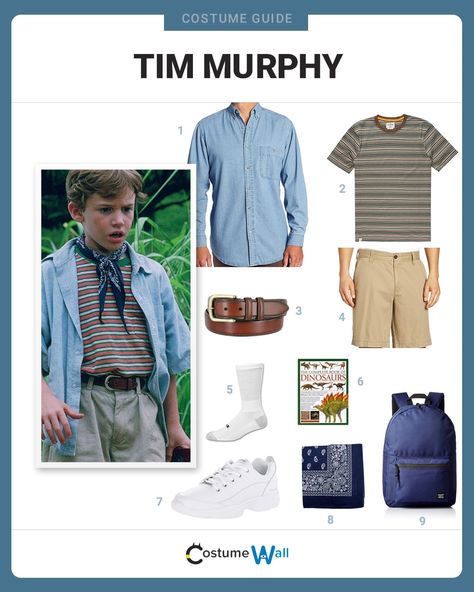 Cosplay the look of the young dinosaur expert Tim Murphy, the grandson of Jurassic Park founder John Hammond. Tim Murphy Jurassic Park, Jurassic Park Outfit, Big Sleepover, Jurassic Park Costume, Tim Murphy, Jurassic Park Characters, Family Themed Halloween Costumes, Explorer Costume, John Hammond