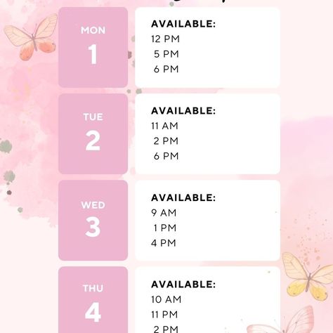 Pink Acuity Scheduling Weekly Availability Weekly Calendar for your Instagram Story or post. 🦋 Saves Time 😎 Boosts Sales 🩷 Looks Cute! Pink Available Weekly Booking Time Slots very easy to edit in Cavna. Social Media Post Template for hair stylists, lash tech, nails tech, and anyone else in the beauty industry who needs a cute calendar for their IG story!🩷 https://7cf5d5-65.myshopify.com/products/copy-of-instagram-story-availability-calendar-nail-tech-booking-hairdresser-calendar-lash-tec... Nail Schedule Template, Tech Nails, Nails Tech, Scheduling Template, Policy Template, Cute Calendar, Social Media Post Template, Lash Tech, Weekly Calendar