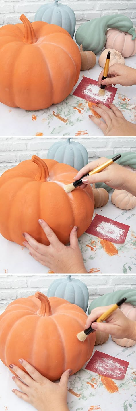 Painting Pumpkins To Look Like Terra Cotta, Fall 2024 Trends Decor, Painted Fake Pumpkins, Faux Terra Cotta Pumpkins, Painting Fake Pumpkins, Diy Terra Cotta Pumpkins, Terra Cotta Pumpkin Diy, Terracotta Pumpkin Diy, Painted Plastic Pumpkins