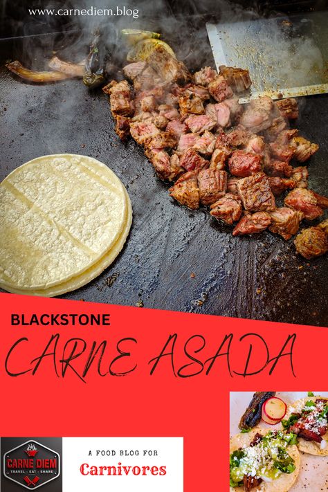 Pinterest pin for carne asada tacos on a Blackstone griddle. Blackstone Carne Asada Tacos, Carne Asada Blackstone, Carne Asada Recipes Blackstone, Steak Tacos On Blackstone, Carne Asada On Blackstone, Black Stone Street Tacos, Blackstone Carne Asada, Blackstone Steak Tacos, Street Tacos On The Blackstone