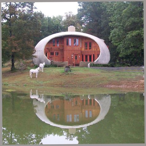 This beautiful Monolithic Dome home in Cloudland, Georgia is a multi-level, prolate ellipsoid. Its Airform measured 60′×37′×27′. (Chuck Peters) — www.monolithic.com Monolithic Dome Homes, Unusual House, Building Types, Dome Homes, Bubble House, Dome Home, Unusual Homes, Cob House, Unicycle