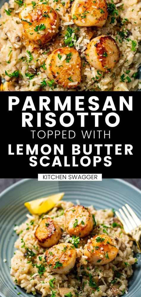 Lemon Butter Scallops, Butter Scallops, Parmesan Risotto, Scallop Recipes, Creamy Parmesan, Fettuccine Alfredo, Risotto Recipes, Cozy Dinner, Fish Dinner