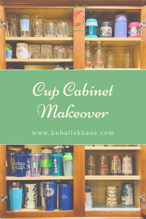 This cup cabinet makeover takes organizing to a new level. Come check out the small changes that made a huge difference at Kuball's Khaos. How To Organize Cups In Cabinet, Organizing Cups In Cabinet, Organize Cups In Cabinet, Cup Cabinet Organization, Coffee Cup Organization, Cup Organization Kitchen, Cup Storage Ideas, Coffee Cup Storage, K Cup Storage