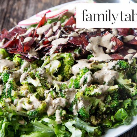 Charred Broccoli Salad with Crispy Pastrami https://www.kosher.com/recipe/11217 www.kosher.com Charred Broccoli Salad, Pastrami Recipe, Charred Broccoli, Sandwich Sauces, Persian Cucumber, Main Dish Salads, Fresh Broccoli, Large Salad Bowl, Summer Gathering