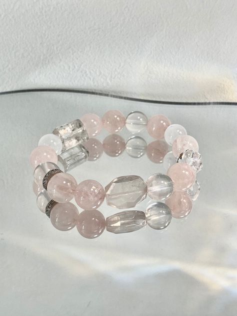 Rose Quartz Crystal Bracelets Handmade and unique design from Merijane ©️ Function: Self-love, Nuturing, Attracting  Ingredients: Rose Quartz, White Phantom Quartz, Clear Quartz White Crystal Bracelet, Arm Candies, Artisan Bracelets, Rose Quartz Bracelet, Phantom Quartz, Rose Quartz Crystal, Quartz Bracelet, Quartz Rose, White Crystal