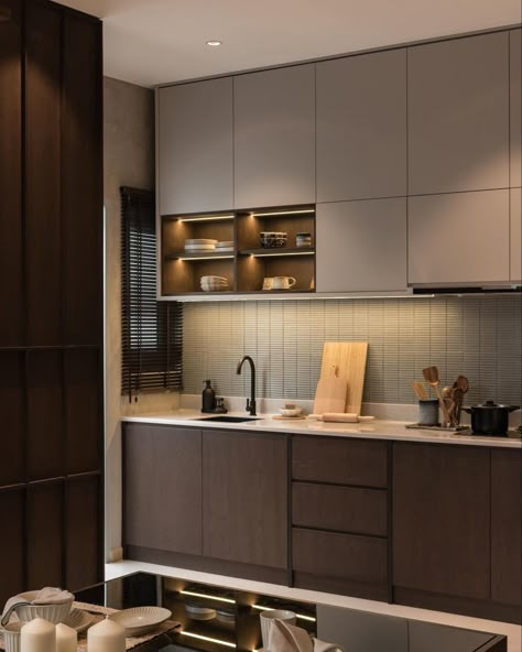 Kitchen Cabinets Malaysia, Malaysia Kitchen Design, Dry And Wet Kitchen Design Malaysia, Kitchen Ideas Malaysia, Kitchen Malaysia, Melamine Kitchen Cabinets, Kitkat Tiles, Japandi Style Kitchen, Brown Kitchen Designs