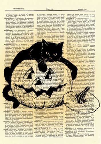 Halloween-Black-Cat-Pumpkin-Dictionary-Art-Print-Jack-O-Latern-Picture-Poster Kindergarten Pumpkin Art, Halloween Pumpkin Drawing, Cat On A Pumpkin, Black Cat With Pumpkin, Vintage Halloween Posters, Fall Widgets, Cat With Pumpkin, Jack O Latern, Halloween Ephemera