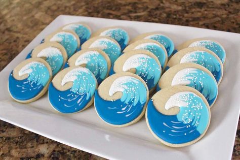 Wave Cookies, Mermaid Treats, Moana Cookies, Summer Sugar Cookies, Surf Birthday Party, Sunshine First Birthday, Surf Birthday, Team Dinner, Ocean Birthday