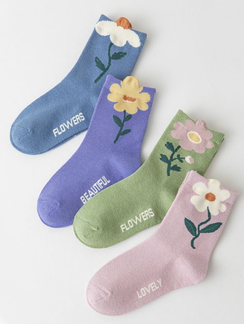 Multicolor  Collar  Fabric Floral,Letter Crew Socks Embellished Medium Stretch Spring/Fall,Winter Kids Socks & Tights Graphic Socks, Vogue Kids, Frilly Socks, Vintage Floral Pattern, Winter Socks, Floral Letters, Fabric Floral, Tube Socks, Girls Socks