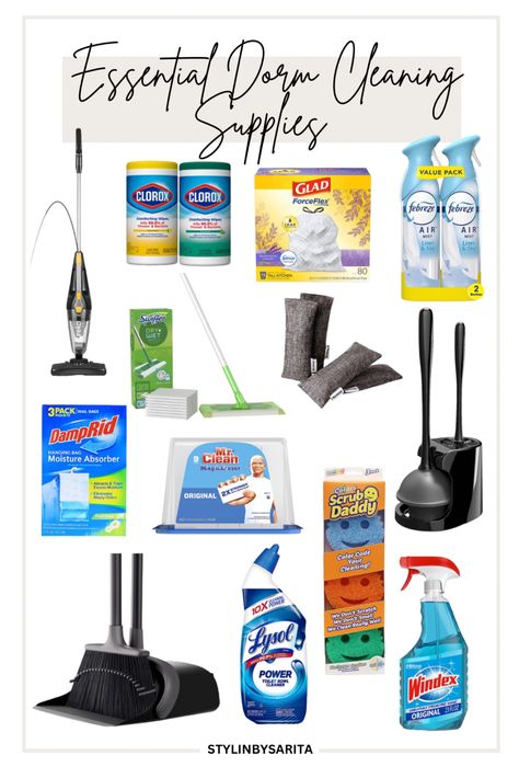 Dorm Room Cleaning Supplies Organization, College Cleaning Supplies, Dorm Cleaning Supplies, College Essentials Supplies, College Dorm Necessities, Home Cleaning Equipment, Supplies For College, Organization Dorm, Dorm Cleaning