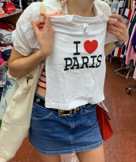 I Heart Paris, Aesthetic 00s, White Baby Tee, Cute Letter, 2000s Streetwear, Paris Dream, Paris Shirt, 00s Fashion, Text T Shirt