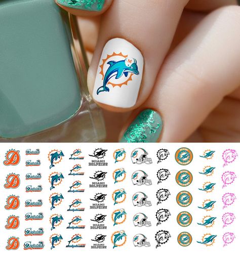 Sports Team for Phins Miami Waterslide Football Nail Art Decals - Salon Quality! Dolphins Nails, Miami Dolphins Nails, Basketball Nails, Dolphin Nails, Western Nail Art, Football Nail Art, Light Colored Nails, Football Decal, Football Nails