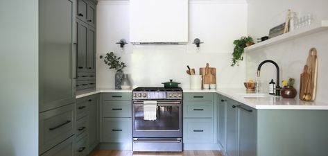 Design: Oak Design Project Location: Mount Gretna, PA Paint color: Farrow & Ball's Green Smoke   Our paint-ready DIY Shaker fronts allow you tons of customization when it comes to color and finish. They come unfinished and provide an excellent surface for the color of your choice. In this case, the designers at Oak Kitchen Floating Shelves, Custom Cabinet Doors, Ikea Kitchen Cabinets, Cabinets Bathroom, Custom Cabinet, Custom Doors, English Kitchens, Storage Systems, Green Paint Colors