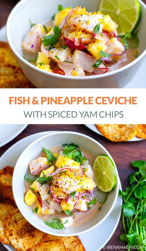 Easy white fish ceviche recipe with pineapple and yam chips. You can use tilapia, halibut, sea bass or other white fish. Salmon and tuna will also work. This recipe is healthy, gluten-free, paleo, whole30-friendly. #ceviche #tilapia #tilapiarecipes #peruvian #pineapple #yams #paleo #glutenfree #whole30 White Fish Ceviche Recipe, White Fish Ceviche, Fish Ceviche Recipe, Yam Chips, Tilapia Ceviche, Fish Ceviche, Marinated Fish, Recipe With Pineapple, Fish Salmon