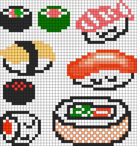 Sushi Set Perler Bead Pattern / Bead Sprite Ramen Pixel Art, Modele Pixel Art, Easy Perler Bead Patterns, Tiny Cross Stitch, Fuse Bead Patterns, Art Perle, Sushi Set, Pony Bead Patterns, Hama Beads Design