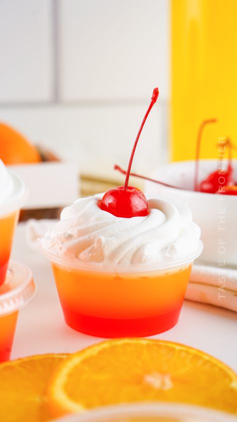 Tequila Sunrise Jello Shots Recipes, Tequila Sunrise Jello Shots, Layered Jello Shots, Tequila Jello Shots, Layered Jello Recipe, Strawberry Jello Salad, Best Jello Shots, Layered Jello, Jelly Shots