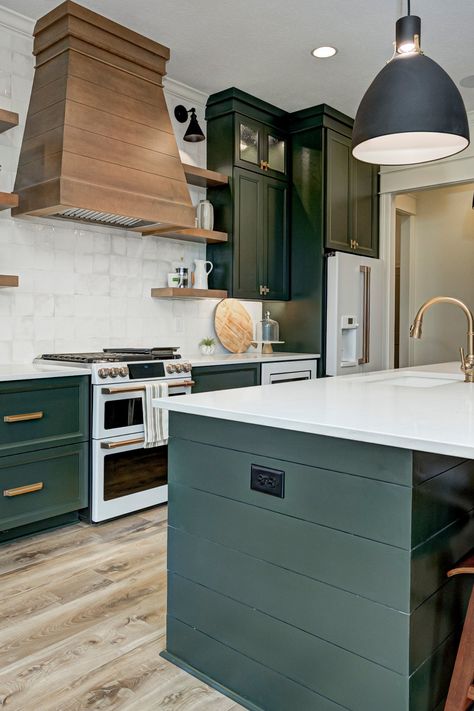 White Countertop Green Cabinets, Black And White Granite Countertops Green Cabinets, White Marble Countertops Green Cabinets, Countertops With Green Cabinets, Green Kitchen Cabinets Marble Counters, Marble Counter Green Cabinets, Perry Homes, Marble Countertops Kitchen, Dark Wood Floors