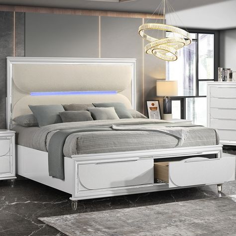 Take dimension and modern style into account when choosing a bed to anchor a casual bedroom suite. White Queen Bed, Casual Bedroom, Deep Storage, Eastern King Bed, King Storage Bed, Headboard With Lights, Acme Furniture, Bed With Drawers, Living Room Set