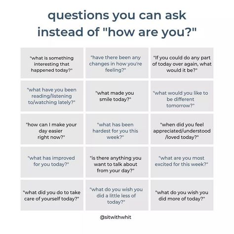 Alternatives to "how are you doing"? Motivational Interviewing, Healthy Communication, How To Start Conversations, Meaningful Conversations, Mental Health Support, Healthy Relationship Advice, Good Mental Health, Emotional Intelligence, Self Development