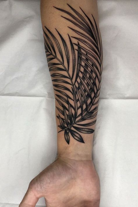 Jungle Tattoo Men, Egyptian Plants Tattoo, Palm Leaves Tattoo Sleeve, Palm Leaf Tattoo Arm, Tropical Leaf Tattoo Sleeve, Tropical Sleeve Tattoo Men, Ti Leaf Tattoo, Palm Fronds Tattoo, Men Plant Tattoo