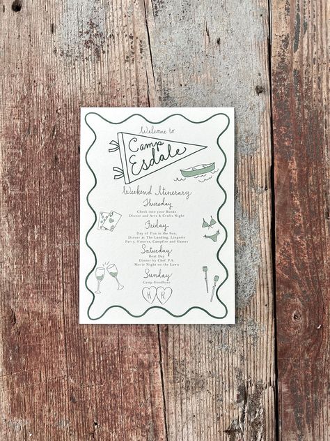 This CAMP Bach themed Itinerary is the cutest!  Hand Illustrated and hand-written text and available as a "Semi-Custom" invitation that you can order. This is how a Semi-Custom Invitation works:  I will hand draw your Camp "Name" and "initials" lettering for the hearts. Then, I will take care of all of your editing and layout.  The pricing for the Semi Custom also includes this digital setup.  I can then send a print-ready pdf to you and you will have all you need for printing on your own. OR You may also choose for me to do all of your printing.  (My printer does an exceptional job with this and you will be pleased with the itineraries if you do not have a local printer that you'd like to use.) HOW TO ORDER: 1.  In the "Ordering Options" Dropdown Box, please choose the Digital Delivery On National Park Themed Bachelorette, Camp Bachelorette Invite, Camp Bachelorette Itinerary, Broken Bow Bachelorette Party, Camp Sorority Theme, Camping Theme Bachelorette Party, Camp Bachelorette Theme, Camping Themed Wedding, Camp Themed Wedding