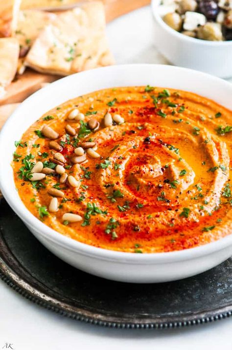 Roasted Red Bell Pepper Hummus - Aberdeen's Kitchen Red Bell Pepper Hummus, Bell Pepper Hummus, Roasted Red Bell Pepper, Classic Hummus, Pepper Hummus, Classic Appetizers, Vegan Roast, Hummus Recipe, Roasted Peppers