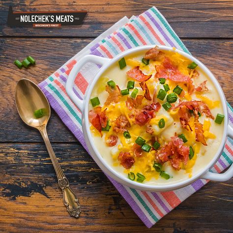 Nothing says winter comfort like a toasty-warm bowl of soup, especially our hearty Loaded Baked Potato Soup with all of the fixings! The crispy crown jewel of this steamy winter dish are the savory bits of Nolechek’s Hickory Smoked Honey Cured Bacon that we generously sprinkle on top of each bowl, plus the melty Wisconsin Cheddar Cheese we like to heap on top. Easy to make and even easier to love, this potato soup recipe is one of our all-time favorites and we know everyone at your house will Recipe Low Calorie, Loaded Potato Casserole, Leftover Baked Potatoes, Homemade Potato Soup, Loaded Baked Potato Casserole, Baked Potato Soup Recipe, Making Baked Potatoes, Mashed Potato Casserole, Healthy Potatoes