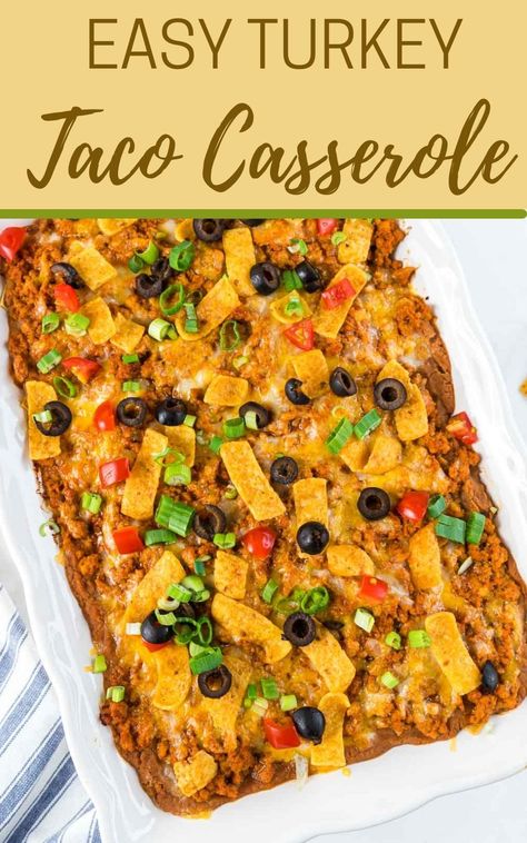 This easy Turkey Taco Casserole Bake is a classic throwback dish, and sooooo delicious and satisfying. Perfectly seasoned ground turkey is layered with tortillas, beans and cheese then "customized" toppings are added to make your perfect plate! This is an easy weeknight meal, or make ahead meal and just pop it in the oven and be done! #groundturkeyrecipes #easydinnerrecipes #familyfriendlyrecipes | www.getonmyplate.com Turkey Taco Casserole, Seasoned Ground Turkey, Taco Casserole Bake, Ground Turkey Casserole, Turkey Tacos Recipes, Turkey Casserole Recipe, Casserole Bake, Beans And Cheese, Ground Turkey Tacos