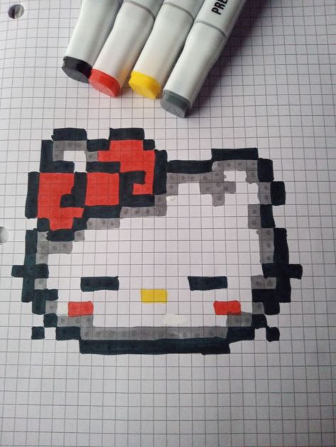 I just love to draw hello kitty if you guys have any suggestion pls let me know. Hello Kitty Square Drawing, Draw Hello Kitty, Square Notebook, Boondocks Drawings, Square Drawing, Squared Notebook, Diy Hello Kitty, Maths Paper, Notebook Drawing