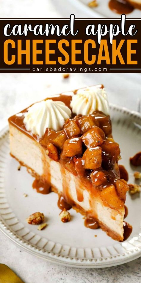 Enjoy Caramel Apple Cheesecake, the best Thanksgiving dessert recipe for your holiday table! This delightful Thanksgiving baking idea features fall spices, brown sugar, and cinnamon spiced apples in a Graham cracker crust drizzled with caramel sauce. Make it today! Cheesecake With Caramel Sauce, Thanksgiving Chocolate Desserts, Cute Thanksgiving Desserts, Thanksgiving Desserts Apple, Traditional Christmas Desserts, Christmas Dinner Desserts, Christmas Desserts Kids, Cravings Recipes, Cinnamon Cheesecake