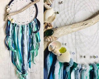 Driftwood Dreamcatcher in duck blue green white and black | Etsy Driftwood Dreamcatcher, Duck Blue, Moon Dreamcatcher, White Wall Hanging, Large Dream Catcher, Textured Yarn, Boho Wall Hanging, Yarn Tail, Craft Materials