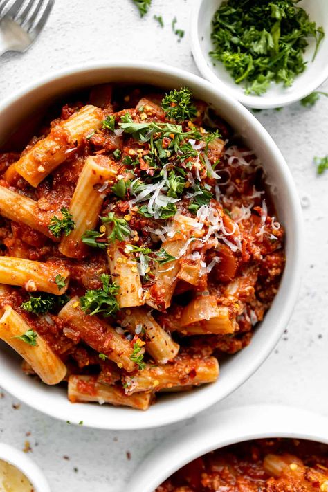 Rigatoni Bolognese Recipe, Rigatoni Bolognese, Pasta Photography, Italian Entrees, Bolognese Pasta, Parmesan Rind, Bolognese Recipe, Bolognese Sauce, Rigatoni