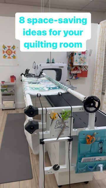 Allpeoplequilt on Instagram Storage Under Longarm, Long Arm Quilting Room Layout, Small Quilting Room Ideas, Longarm Quilting Studio Sewing Rooms, Quilting Room Organization, Quilting Room Ideas, Sewing Room Design Layout, Quilt Room Organization, Quilt Shop Displays