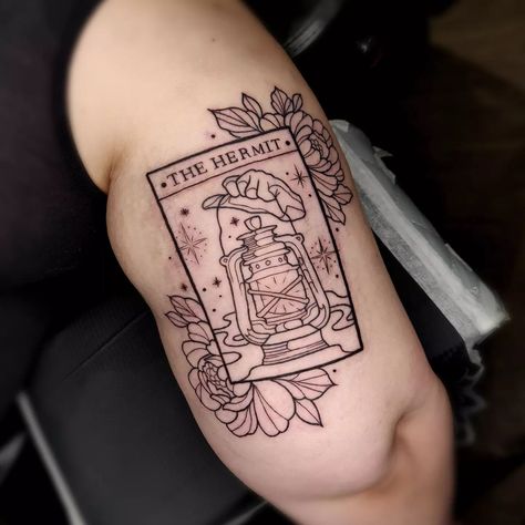 Today's tattoo! The Hermit, thank you Shana! 🖤 | Instagram The Hermit Tattoo, Hermit Tattoo, The Hermit Tarot, Tarot Tattoo, The Hermit, Chuck Bass, Sun Tattoo, Anime Eye Drawing, Mom Tattoos