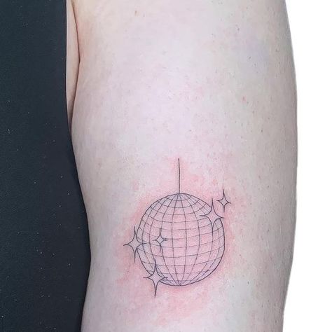 Traditional Style Disco Ball Tattoo, Disco Ball Tattoo Ideas, Dainty Disco Ball Tattoo, Glitter Ball Tattoo, Disco Ball Moon Tattoo, Mini Disco Ball Tattoo, Glitterball Tattoo, Fine Line Disco Ball Tattoo, Small Disco Ball Tattoo