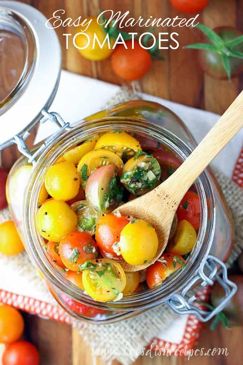 Marinated Cherry Tomatoes Recipe, Marinated Cherry Tomatoes, Pickled Cherries, Chicken Tomatoes, Tomatoes Recipes, Garlic And Olive Oil, Cherry Tomato Recipes, Recipes Vegetables, Marinated Tomatoes