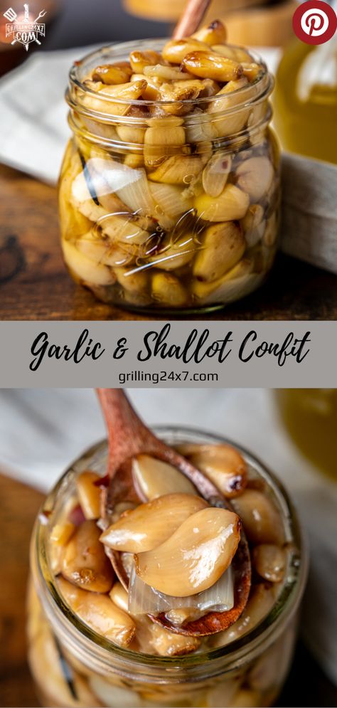 roasted garlic & Shallot confit in a mason jar with avocado oil Air Fryer Garlic Confit, Canned Garlic Cloves, Garlic In Oil Preserving, Roasted Garlic Onion Jam Recipe, Recipes With Fresh Garlic, What To Do With Extra Garlic, Smoked Garlic Recipes, Garlic Cloves Recipes, Garlic Compote