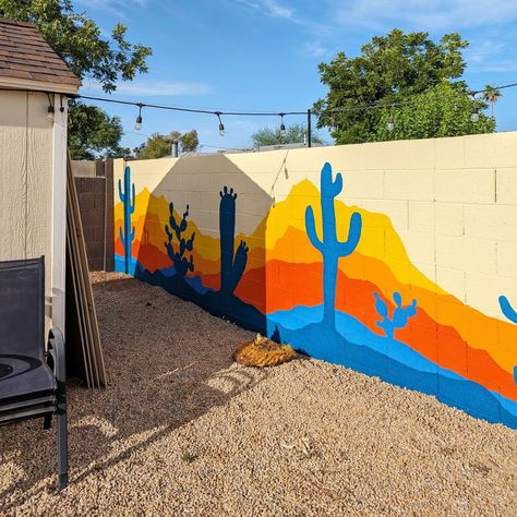 The mural is finished! I've been so engrossed with the van build this year that I haven't done much painting, so this 65' wall was a perfect canvas to satisfy my artistic itch! The bold colors really transformed the backyard and I love how they reflect in the pool. This was such a fun project and I'm grateful to @sandybjohnson for giving me the opportunity to create it! Murals With Meaning, Backyard Wall Mural, Cinderblock Wall, Painted Furniture Ideas Dressers, Backyard Mural, 2025 Kitchen, Retro Mural, Outdoor Mural, Spray Paint Wall