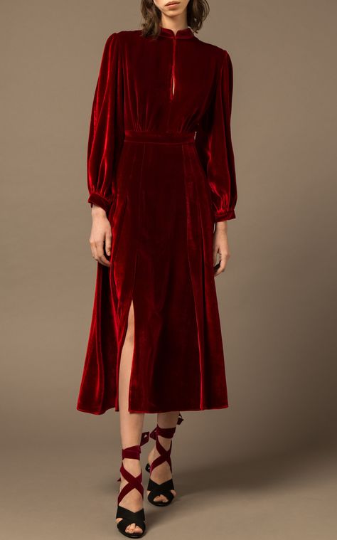 Armonia Red Velvet Midi Dress by RAQUEL DINIZ for Preorder on Moda Operandi Velvet Midi Dress With Sleeves, Red Velvet Dress Casual, Christmas Red Dress Women, Red Velvet Dress Outfit, Velvet Red Dress, Christmas Work Party, Midi Dress Evening, Red Velvet Outfit, Red Velvet Fashion